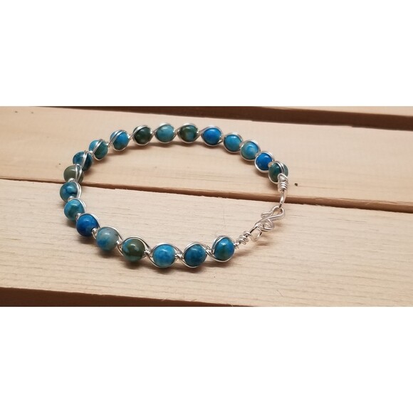 Handmade Wire Wrapped Jasper Bead Bracelet – Blue & Green Gemstone - Picture 2 of 7